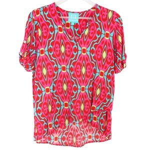 Escapada V-Neck Blouse Geometric Medallion Print Size S Pink Turquoise